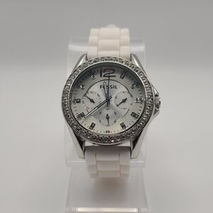 Fossil ES2347 Women's Watch White Silicone Strap Crystal‎ Bezel Multifunction
